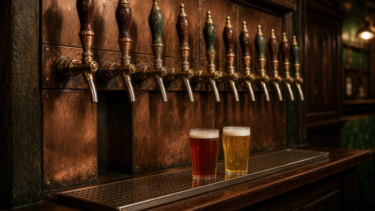 Copper beer taps and schooner glasses on an Australian pub rail — cellar light, not a ranked venue list
