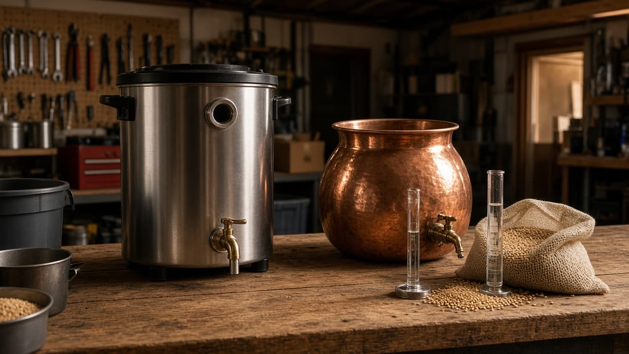 A mash tun and hydrometer on a timber homebrew bench