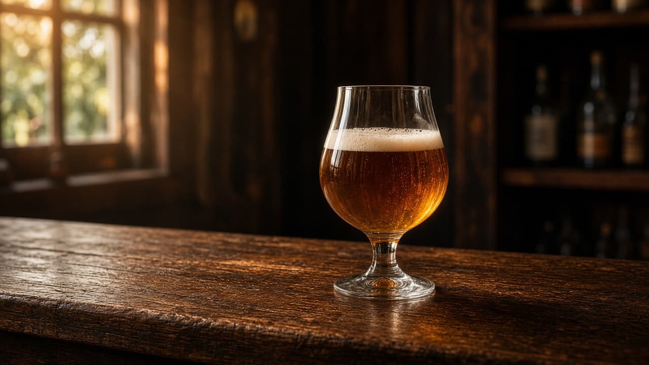 Amber ale in a stemmed tasting glass on a timber bar, late-afternoon cellar light