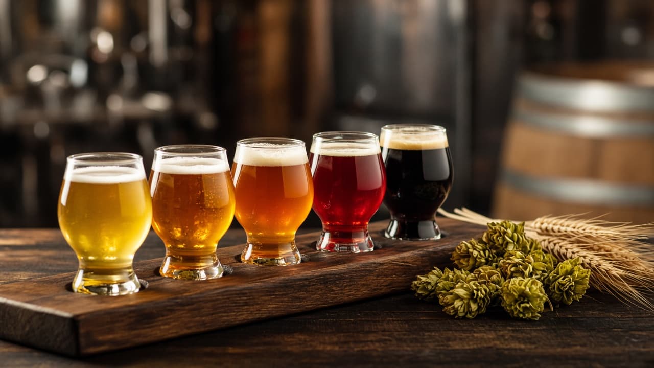 A five-glass beer flight on a timber paddle — pale gold to stout, hop cones beside the glasses
