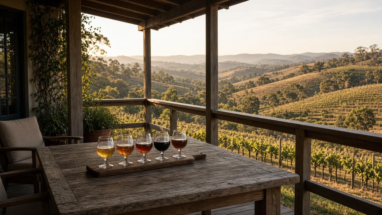 Hunter Valley cellar-door verandah with beer tasting glasses and vine-country hills beyond