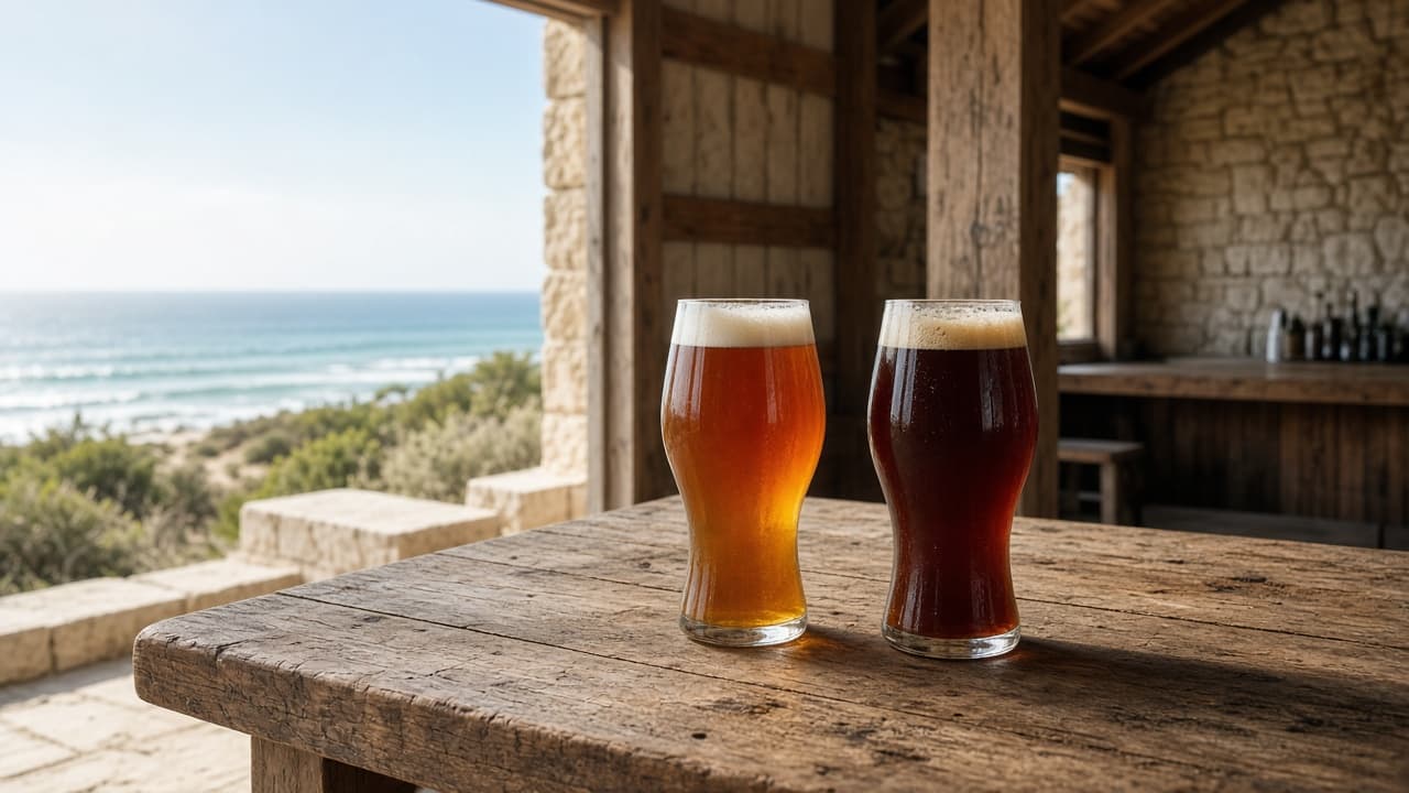 Margaret River brewery tasting table with coastal light and two adult beer glasses