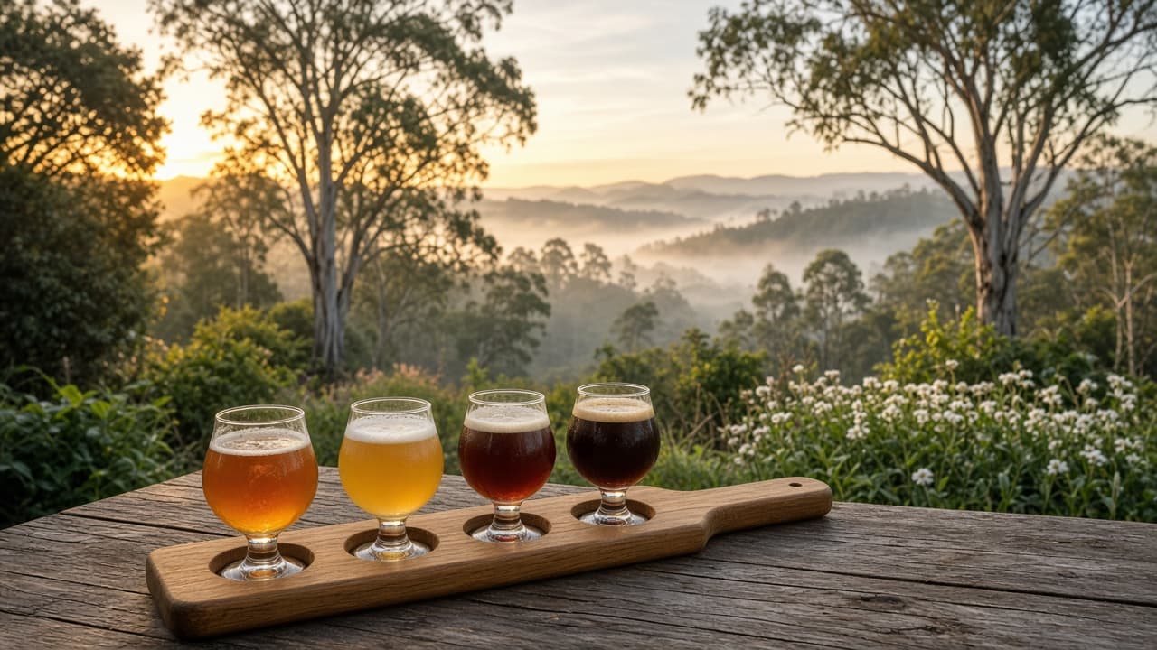 Yarra Valley brewery garden with a beer paddle and cool-climate trees