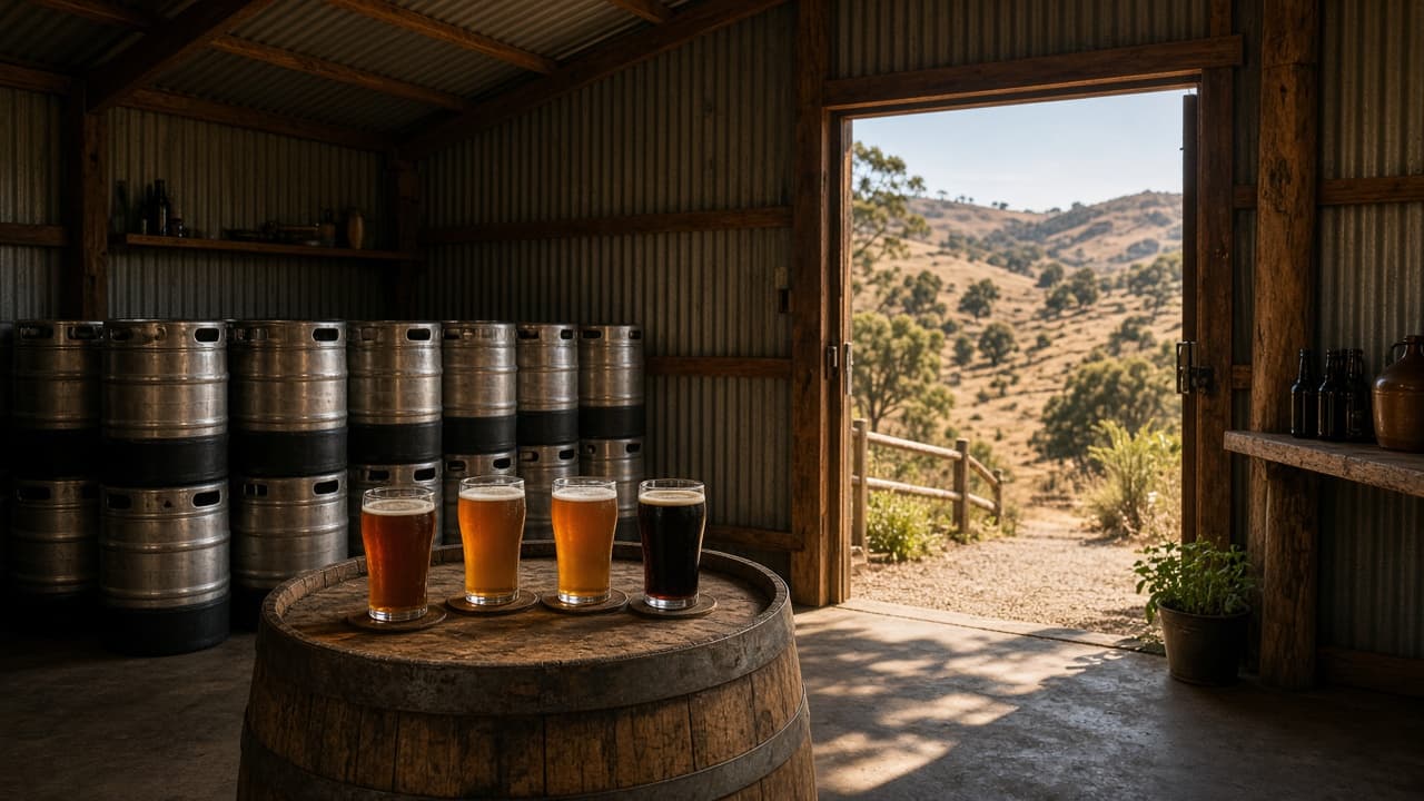 Cellar-door tasting room with adult beer glasses on a timber table and vines beyond the window