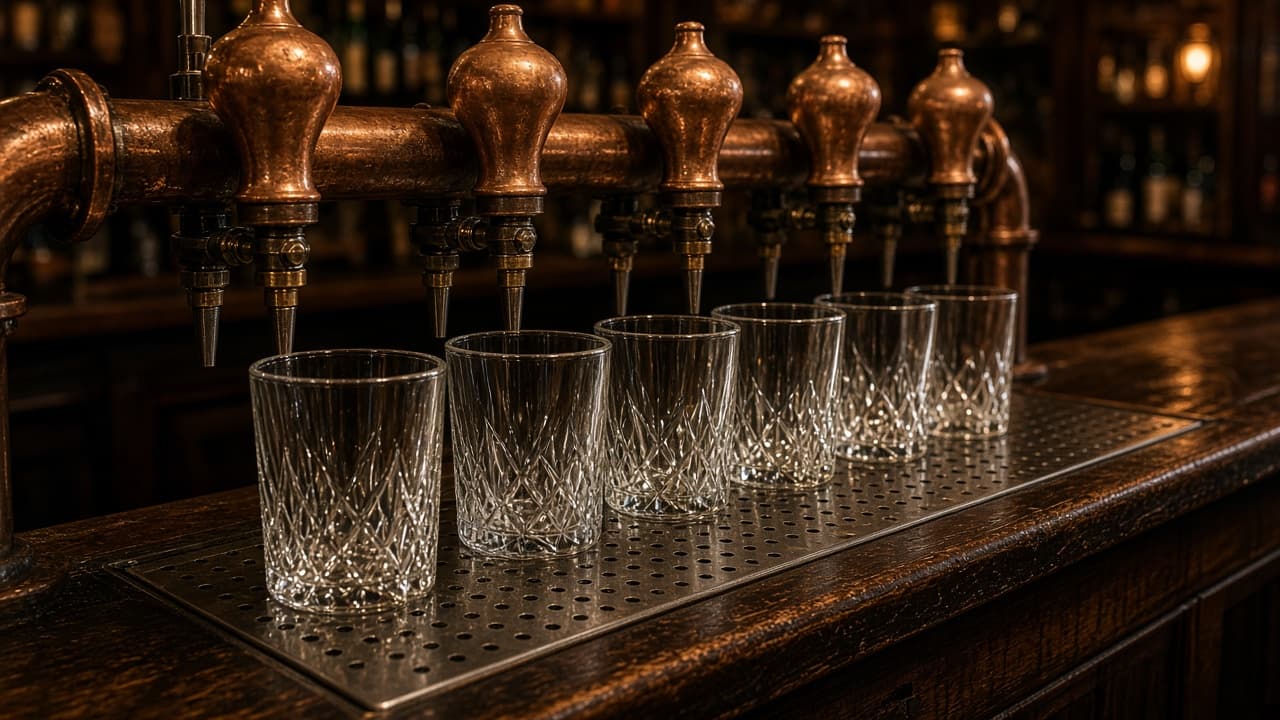 Copper tap handles and schooner glasses on a Sydney pub rail