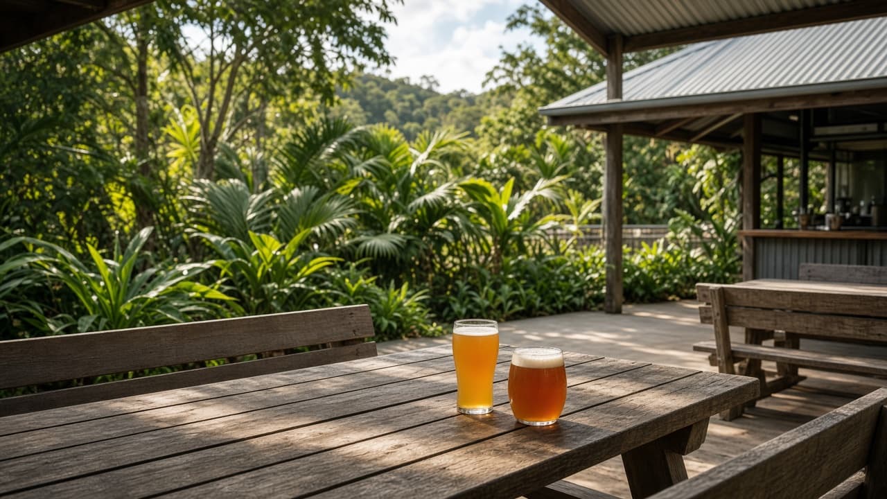 Outdoor Queensland taproom with timber benches and beer glasses in afternoon shade