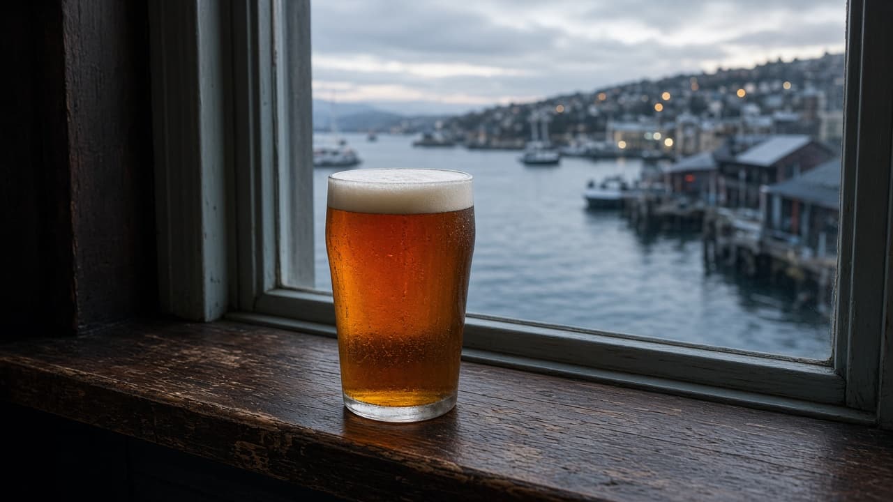 Hobart waterfront pub window with a pint of amber beer and cool-climate evening light