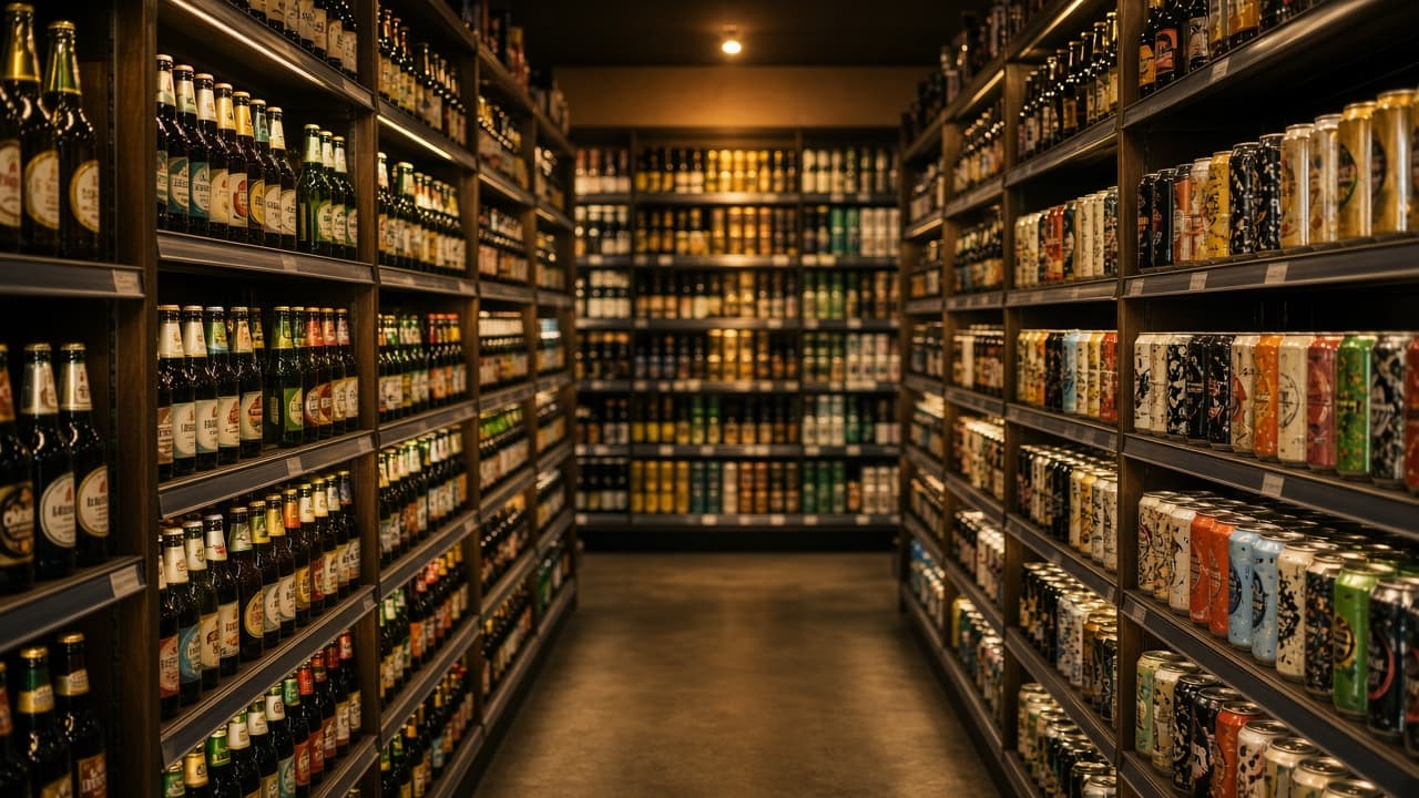 Specialist bottle-shop aisle used as a discovery room — range literacy, no readable brands